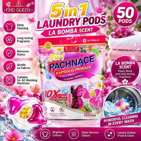 Find Queen 5-in-1 Laundry Pods – La Bomba Scent (50 Capsules)