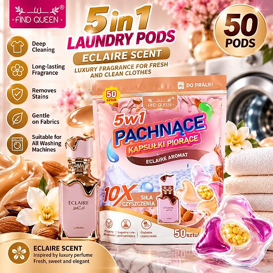 Find Queen 5-in-1 Laundry Pods – Eclaire Scent (50 Capsules)