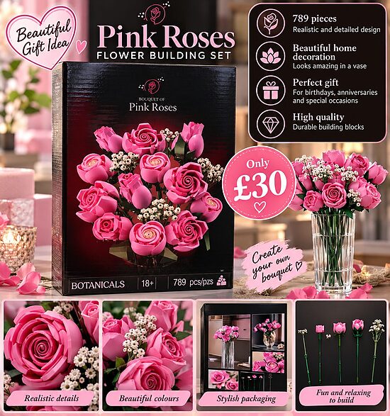 Pink Roses Bouquet – 789-Piece Building Set