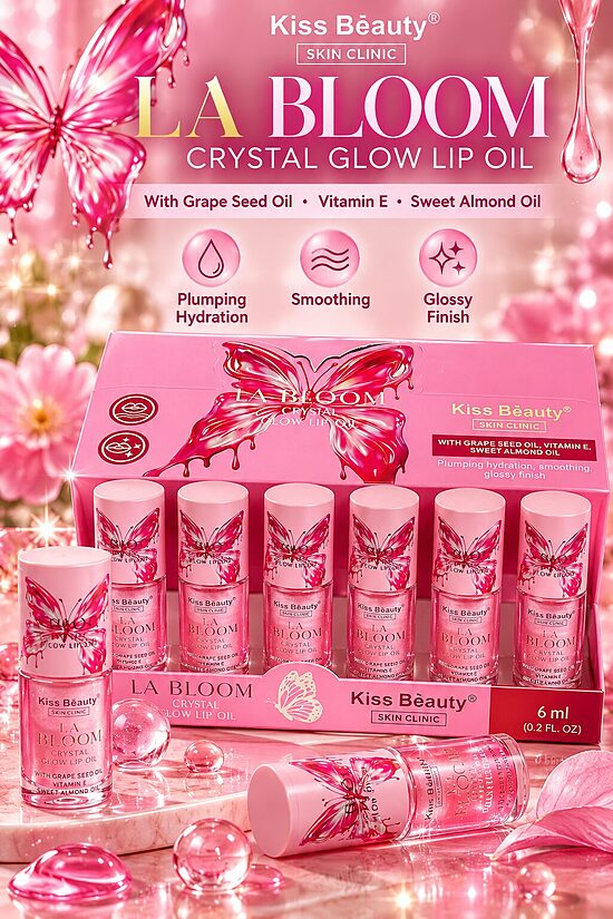 Kiss Beauty La Bloom Crystal Glow Lip Oil – Hydrating & Glossy Lip Care – 6ml