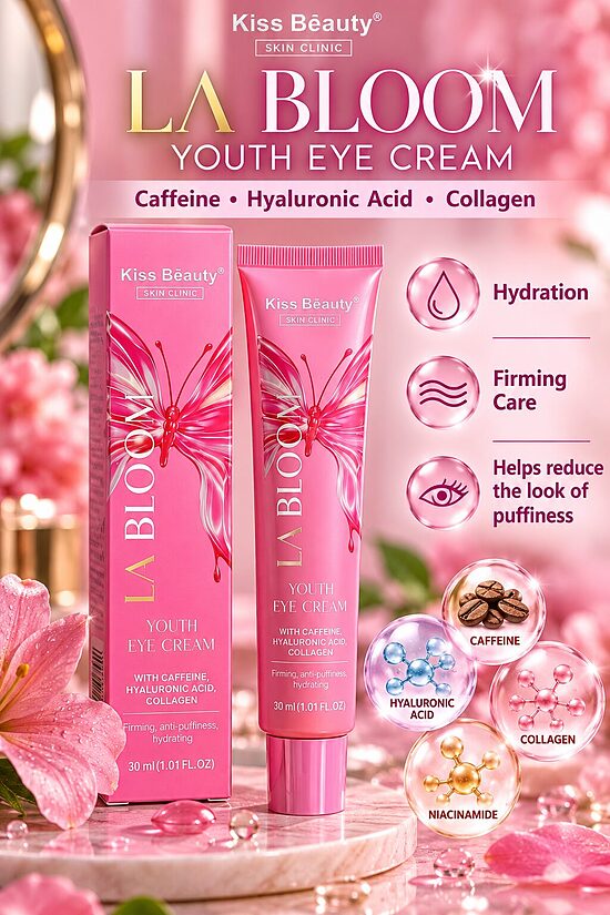 Kiss Beauty La Bloom Youth Eye Cream – Hydrating & Firming Eye Cream with Caffeine, Hyaluronic Acid & Collagen – 30ml