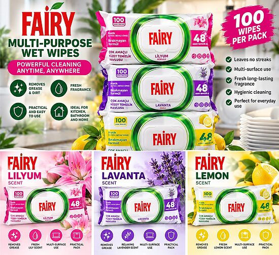 Fairy Multi-Purpose Cleaning Wet Wipes – 100 Wipes – 3 Fragrances: Lily, Lavender & Lemon
